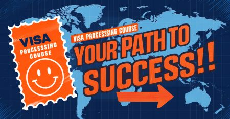 "Visa Processing Course" promotional graphic featuring a blue world map, a smiley face stamp icon, and the bold orange text