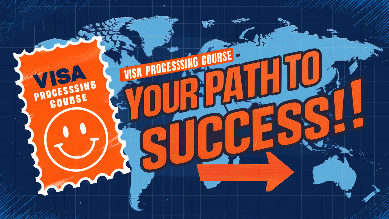 "Visa Processing Course" promotional graphic featuring a blue world map, a smiley face stamp icon, and the bold orange text