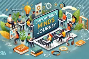 Illustration of people learning and collaborating at desks around a large screen reading ‘Empowering Minds Journey,’