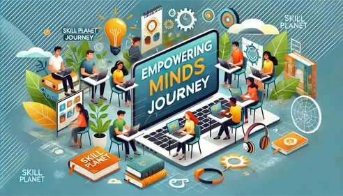 Illustration of people learning and collaborating at desks around a large screen reading ‘Empowering Minds Journey,’