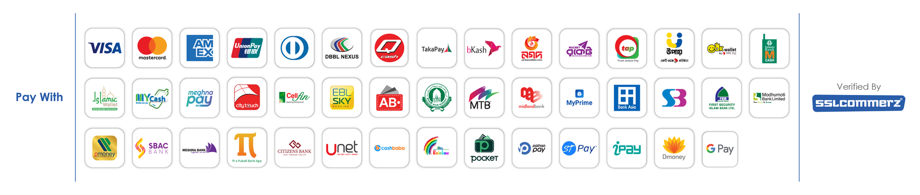 Pay with Visa, Mastercard, AMEX, bKash, Nagad, Rocket, Upay and 40+ Bangladeshi banks and wallets — verified by SSLCommerz